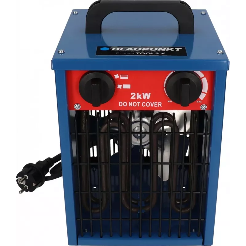 Elektrinis ventiliatorinis šildytuvas BLAUPUNKT EH7010 — 2000 W, nerūdijančio plieno elementas, IPX4, naudojamas ant grindų, iki 22 m², juoda/mėlyna/raudona