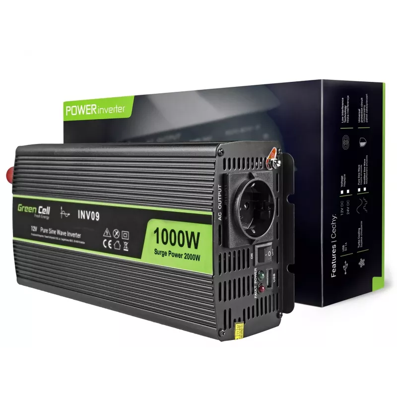 Green Cell INV09 automobilinis keitiklis 12V į 230V 1000W grynas sinusas juodas