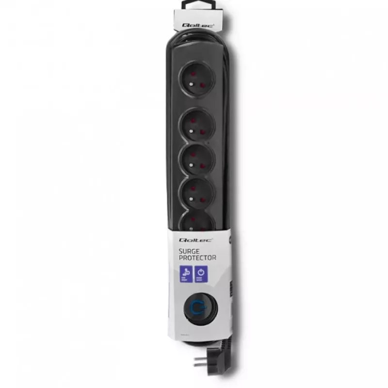 Qoltec 50172 apsauginis filtras nuo viršįtampių, 6 kištukiniai lizdai, 230 V, 5 m, juodas
