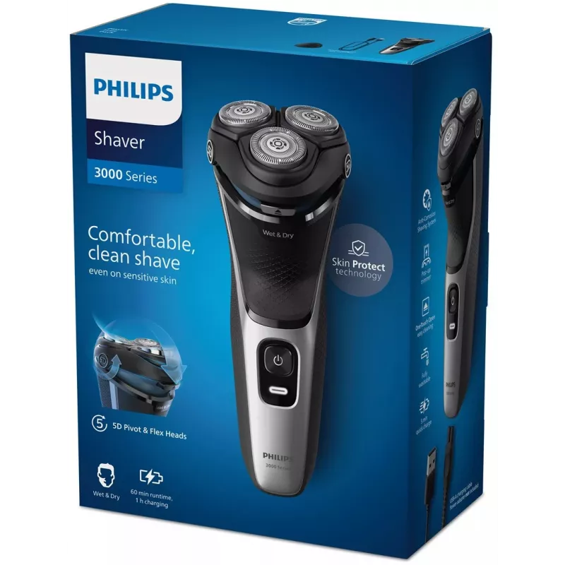 Elektrinis skustuvas Philips 3000 Series S3143/00 – 3 galvutės, šlapias ir sausas, Li-Ion, 60 min veikimo