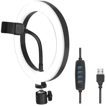 LogiLink AA0151 LED žiedinė lempa išmaniesiems telefonams, Ø 200 mm, 3 šviesos spalvos režimai, reguliuojamas ryškumas, 1/4 colio stovo sriegis, su telefono laikikliu, USB, 1,8 m laidas, juodos spalvos