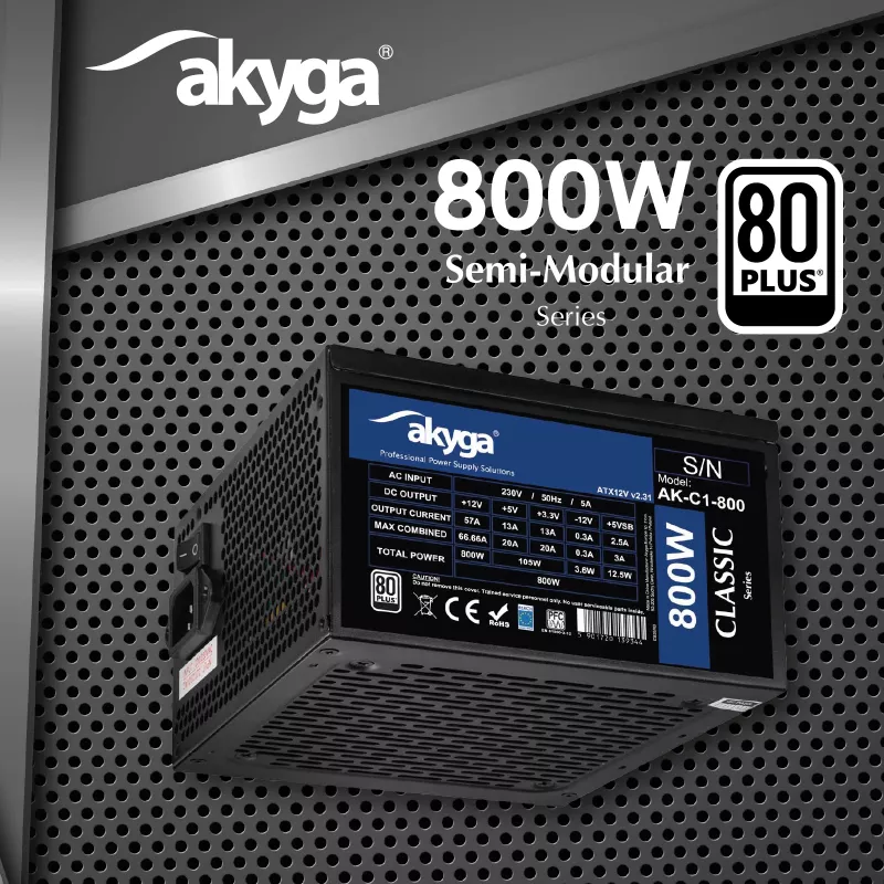 Akyga Classic AK-C1-800 ATX maitinimo blokas 800 W, 80 PLUS, aktyvus PFC, 120 mm ventiliatorius