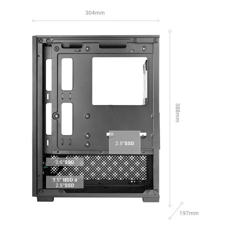 Mini Tower PC korpusas TACENS Mars Gaming MC-SE2 — Mini-ITX / Micro-ATX, juodas, šoninis langas, maitinimo blokas apačioje, palaiko 2x2,5 colio + 1x3,5 colio diskus