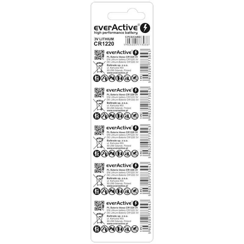 Button ličio baterija everActive CR1220 – 3V, 40 mAh, 12,5×2 mm, vienkartinė, 5 vnt.