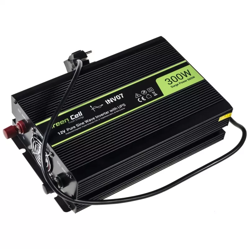 Keitiklis Green Cell INV07, nuo 12 V DC į 230 V AC, 300 W, grynas sinusas, juodas