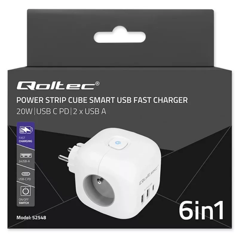QOLTEC 52548 ilginimo lizdas su 3×AC kištukiniais lizdais ir USB prievadu