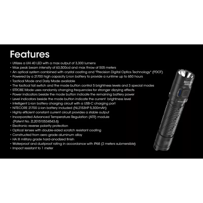 Rankinis žibintuvėlis Nitecore MH12 Pro Black LED 3300 lm įkraunamas per USB 5300 mAh, aliuminis, 138,5 mm, 81,5 g, atsparus vandeniui 2 m