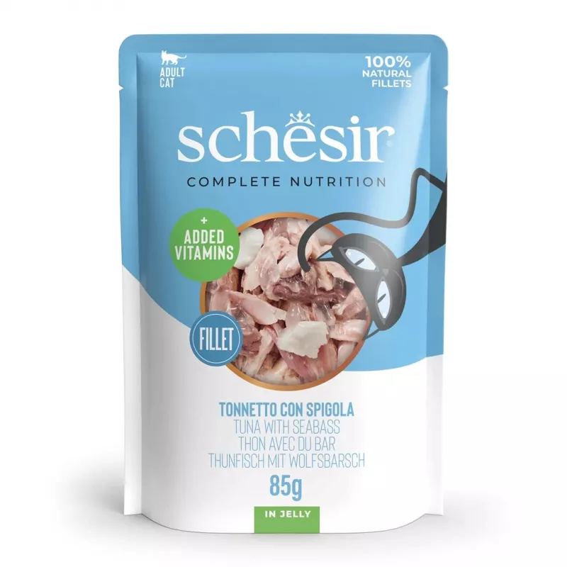 SCHESIR in jelly Tunas su jūriniu ešeriu – šlapias kačių ėdalas – 85 g