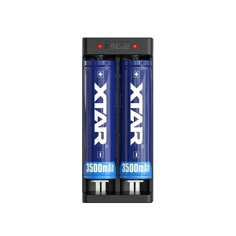 XTAR dviejų lizdų Li-ion akumuliatorių įkroviklis 18650 elementams, USB-C įvestis, juodos spalvos, LED indikatoriai