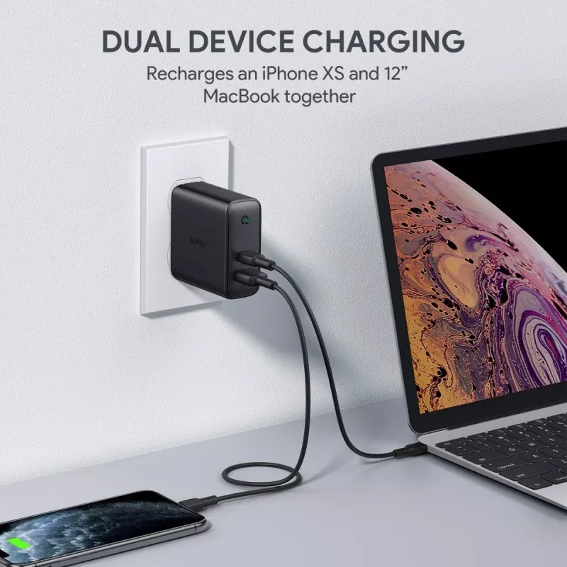 Sieninis įkroviklis Aukey PA-D3 2xUSB (1xUSB + 1xUSB C) Power Delivery 60W 5.4A