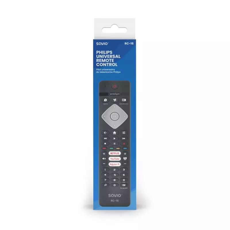 SAVIO RC-16 universalus IR belaidis nuotolinio valdymo pultelis TV imtuvui / priedėliui, iki 20 įrenginių, 10 m atstumas, juodas