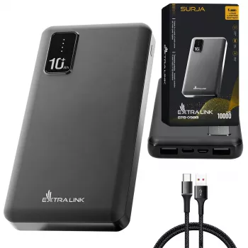 Powerbank Extralink EPB-098B 10000 mAh, LiPo, 2× USB-A + 1× USB-C, juodas