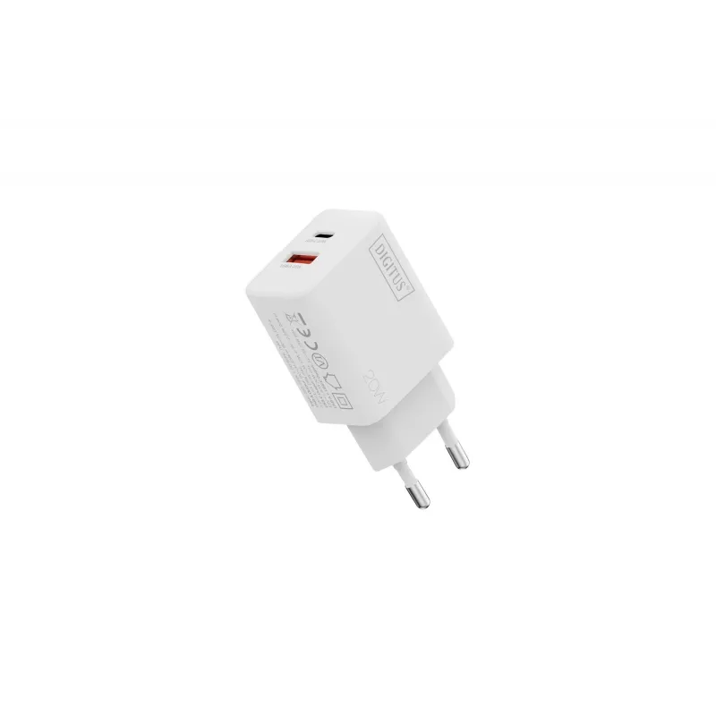 USB-C ir USB-A įkroviklis DIGITUS 20 W, 1x USB-C, 1x USB-A, 100–240 V, baltas