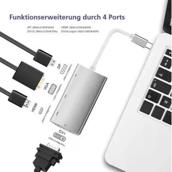 Dokavimo stotelė helos 288388 USB 3.1 Type-C su 4K HDMI, DVI ir VGA išėjimais