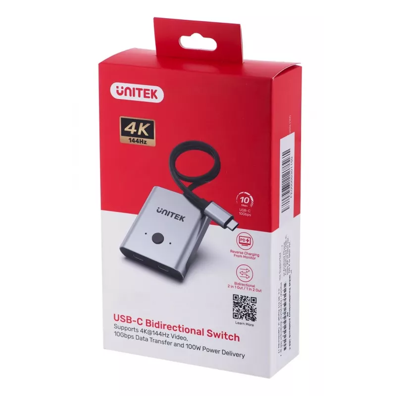 Unitek D1078A dvipusis USB-C 4K signalo perjungiklis, 2 įėjimai ir 1 išėjimas