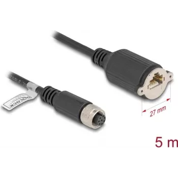 DeLOCK M12 A-koduotas 8 kontaktų moteriškas į RJ45 lizdą Cat.5e tinklo kabelis 5 m juodas