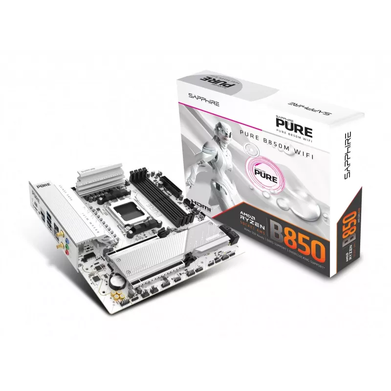 Pagrindinė plokštė Sapphire PURE B850M WIFI Micro ATX — AMD B850, Socket AM5, DDR5 iki 8000 MHz, 4 DIMM, Wi‑Fi 6, 2.5Gb LAN, 2× M.2, PCIe 5.0 x16