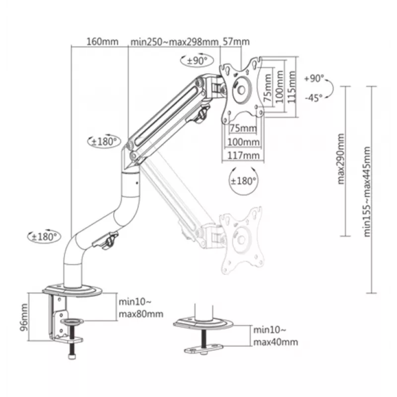 Gembird MA-DA1-02 reguliuojama stalinė monitoriaus laikiklio ranka (su pakreipimu), 17 inch–32 inch, iki 8 kg