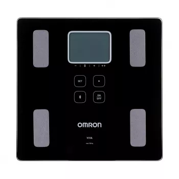 Elektrinės asmeninės svarstyklės Omron VIVA – kvadratinės, juodos, iki 150 kg, 100 g tikslumas, kūno riebalų/KMI/BMR matavimas, 30 vartotojų atmintis