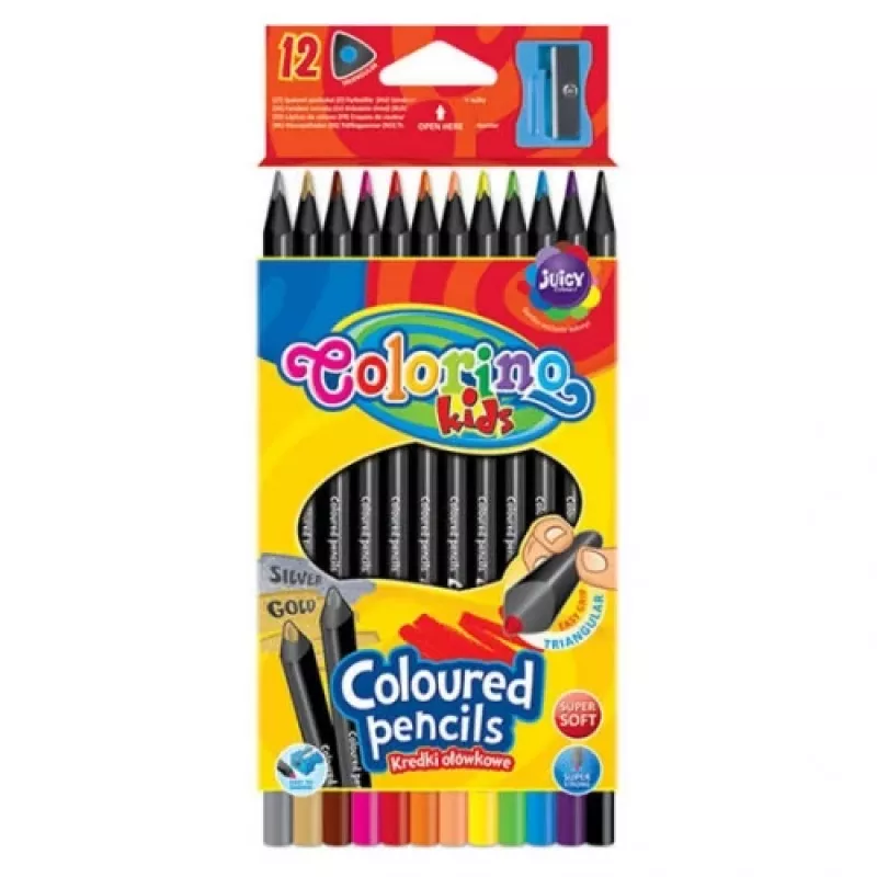 Spalvoti pieštukai Colorino Kids trikampiai 12 spalvų (su galąstuku) juoda mediena