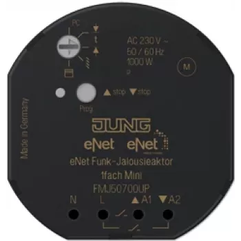 JUNG FM J 50700 UP – jungiklis žaliuzėms/rolėms, montavimas ant DIN bėgelio, 868 MHz, 100 m, juodas, 1000 W
