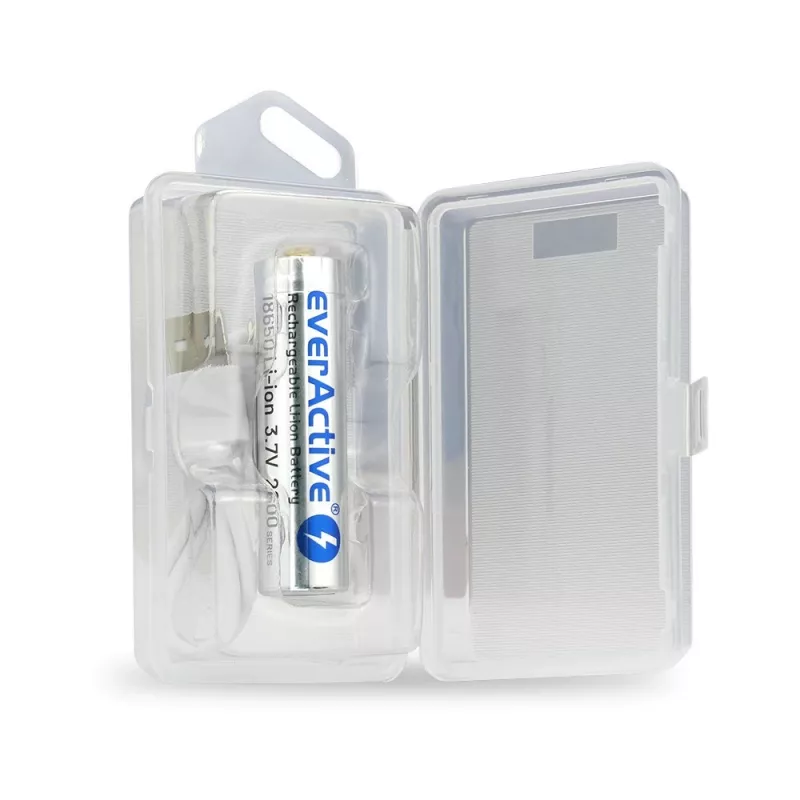 Baterija everActive 18650 3.7V Li-ion 2600mAh su micro USB ir apsauga DĖŽUTĖJE