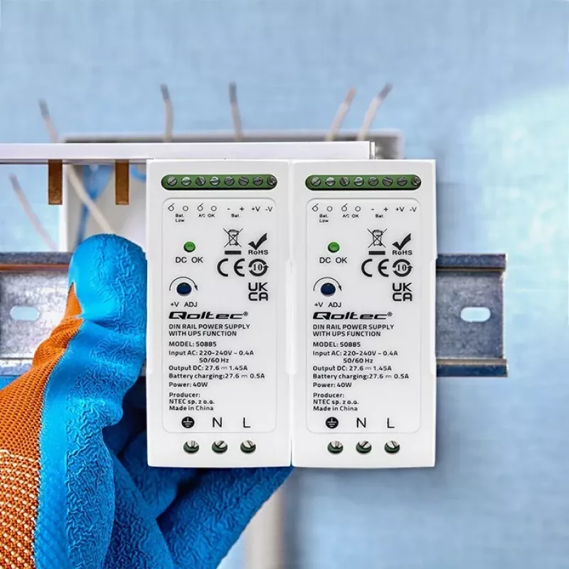 Qoltec 50885 Stabilus DIN bėgio maitinimo šaltinis su UPS funkcija | 40W
