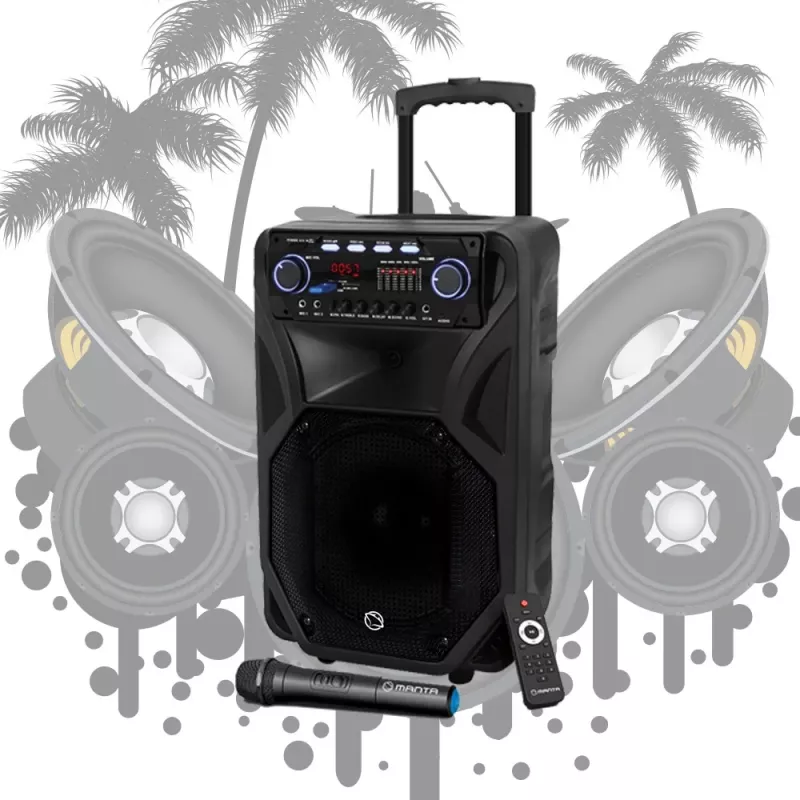 Nešiojama karaoke kolonėlė MANTA SPK5021PRO 80W RMS, 12 col. žemų dažnių garsiakalbis, Bluetooth, baterija iki 5 val., SD/USB, mikrofono ir gitaros įėjimai