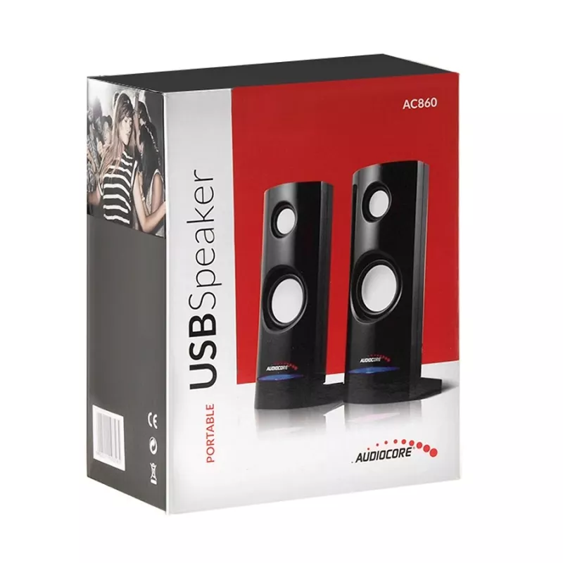 Laidiniai kompiuteriniai garsiakalbiai Audiocore AC860, 2.0 kanalų, 4 W RMS, USB maitinimas, 3,5 mm lizdas, juodi