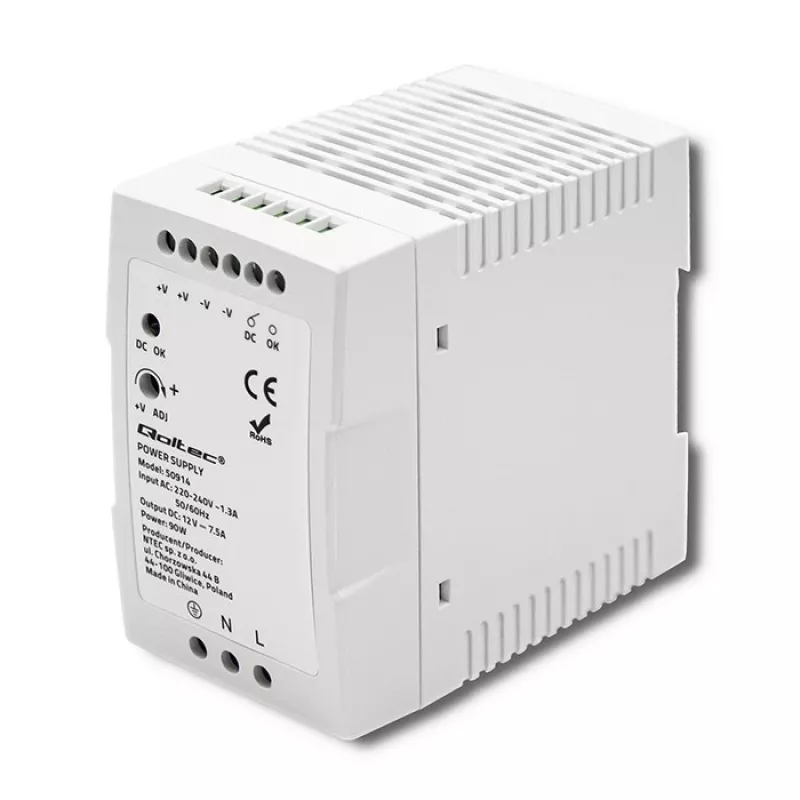 Qoltec 50914 maitinimo šaltinis DIN bėgiui | 90W | 12V | 7,5A | Baltas | Plonas
