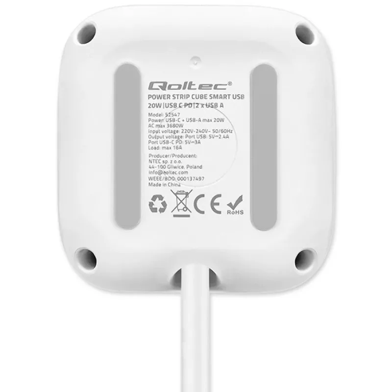Power Cube QOLTEC 52547 ilgintuvas 3×AC lizdai, 2×USB-A, 1×USB-C PD 20W