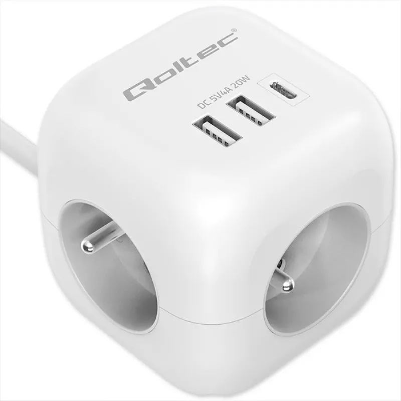 Power Cube QOLTEC 52547 ilgintuvas 3×AC lizdai, 2×USB-A, 1×USB-C PD 20W