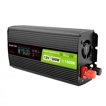 Green Cell PowerInverter LCD 12 V 500W/1000W automobilinis keitiklis su ekranu – gryno sinuso bangos keitiklis, juodas