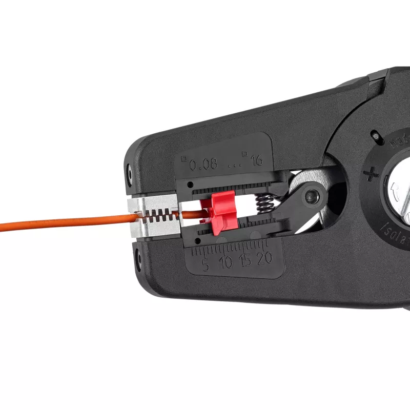 Automatiniai vielos nuėmimo replės KNIPEX PreciStrip16, juoda/raudona, su integruotu vielos pjaustytuvu