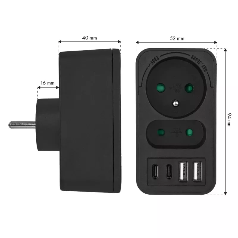 Maitinimo daliklis MACLEAN MCE249 F/B – 2 AC lizdai (16A + 6A) su 2×USB-A ir 2×USB-C PD 20W, EU kištukas, juodas