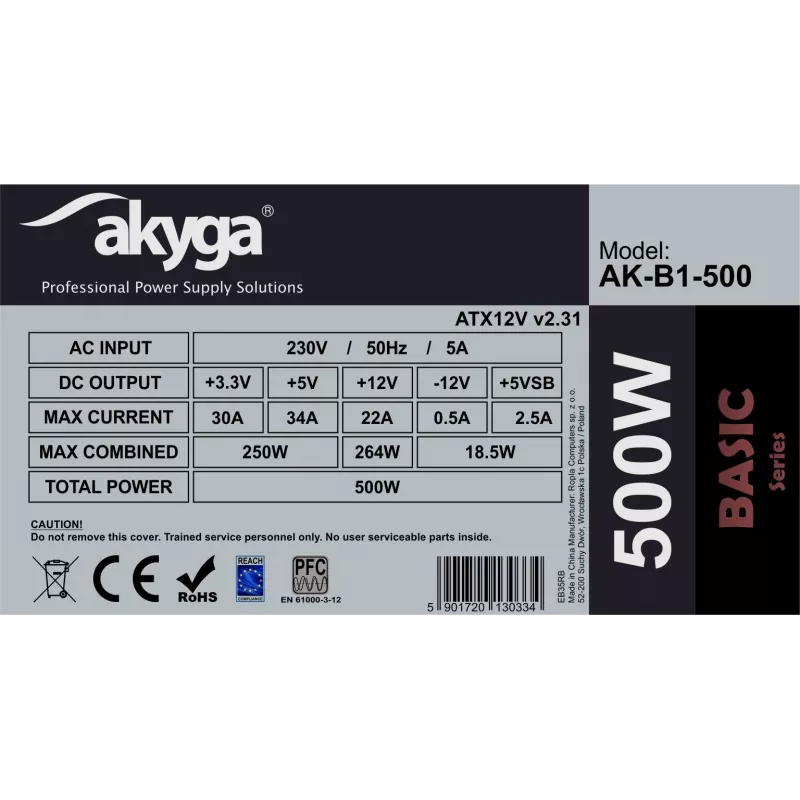 Maitinimo blokas Akyga AK-B1-500, 500 W, ATX 2.31, 20+4 pin, 120 mm ventiliatorius, nemodulinis
