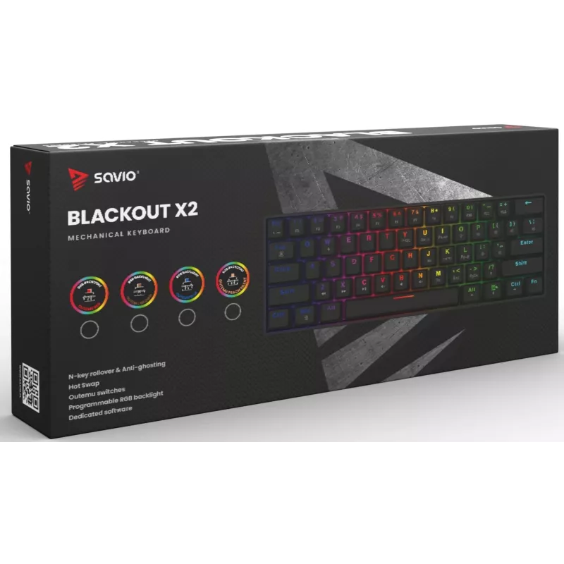 Mechaninė žaidimų klaviatūra SAVIO BLACKOUT X2 BROWN 61 klavišas 60% USB QWERTY RGB Outemu Brown