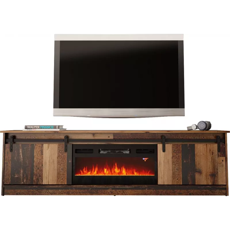 TV spintelė Cama Meble GRANERO su židinio sekcija, 2000×567×350 mm, medžio drožlių plokštė/MDF, stumdomos 2 durys, matinė sena mediena