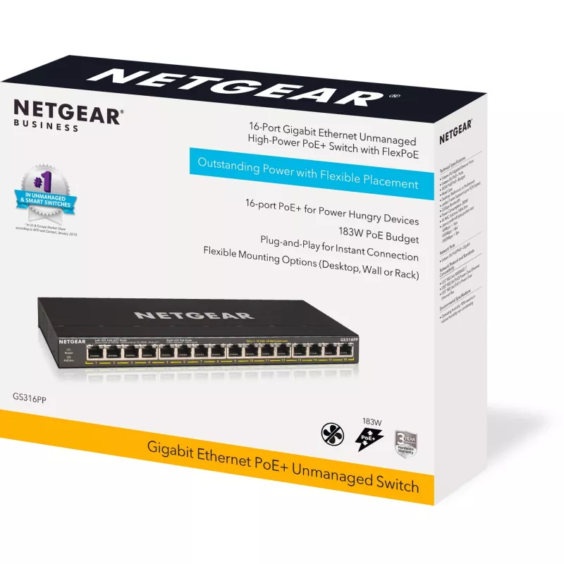 NETGEAR GS316PP 16 prievadų nevaldomas Gigabit Ethernet jungiklis su PoE