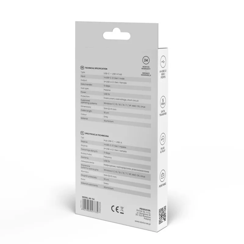 USB šakotuvas SAVIO AK-54 — 4× USB-A (USB 3.2 Gen 1), USB-C jungtis, juodas