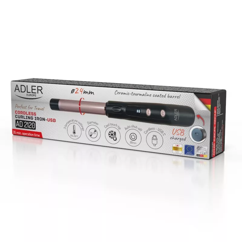Belaidis garbanojimo prietaisas Adler AD 2120 – 2,4 cm keraminis-turmalininis cilindras, LED ekranas, 170–210 °C, įkraunamas 2×2600 mAh