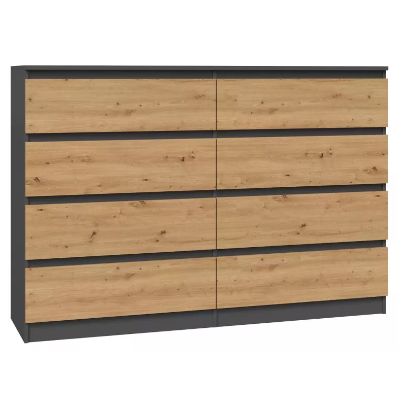 Komoda Top e shop M8 140 ANT/ART su 8 stalčiais, Antracitas/Ąžuolas, 1380×400×970 mm
