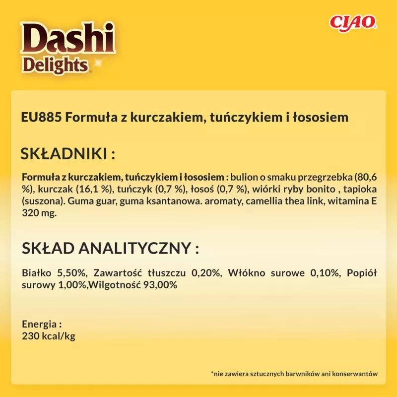 Šlapias skanėstas katėms INABA Dashi Delights Silky Broth – Vištiena su tunu ir lašiša, 40 g paketėlis, 93% drėgmės, virškinimo palaikymui