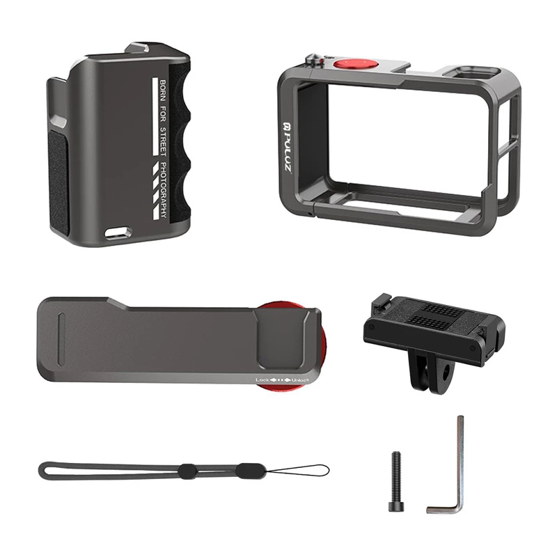 Metalinis apsauginis korpusas su Puluz rankena, skirtas DJI Osmo Action 5 Pro / Action 4 / Action 3