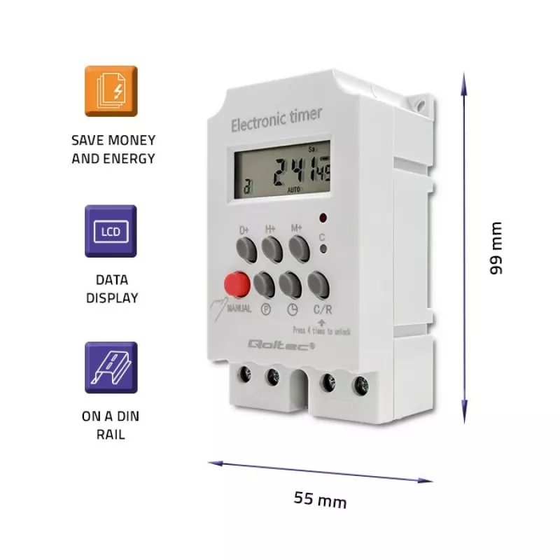 DIN bėgelio elektroninis laikmatis QOLTEC PC0629 — 24V maitinimas, 16A išėjimas
