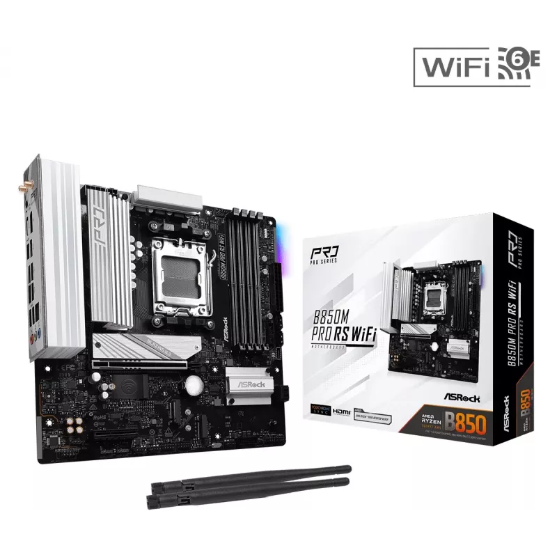 Pagrindinė plokštė ASRock B850M Pro RS WiFi — AMD B850, Socket AM5, microATX, DDR5, 4 DIMM, 256GB, Wi‑Fi 6E, 2.5Gb LAN, 3x M.2