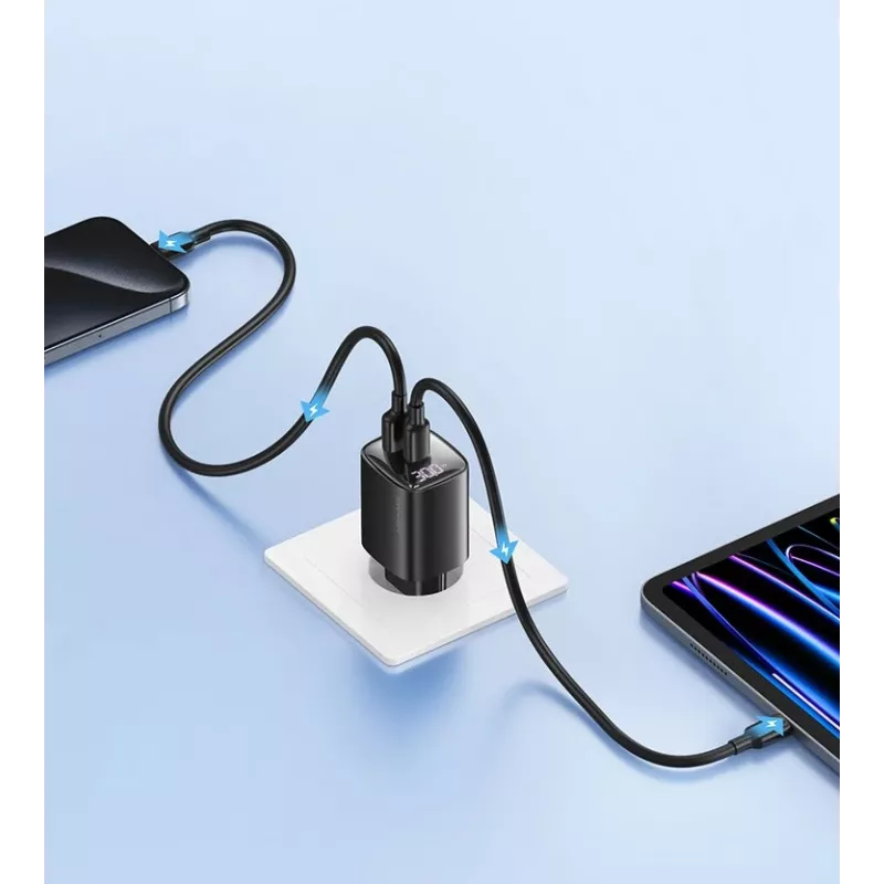 USB ir USB-C 30W GaN greitasis įkroviklis usams CC229 Baltas – LED indikatorius, kompaktiškas dizainas