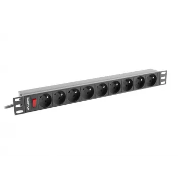 Maitinimo skirstytuvas LANBERG PDU-09E-0300-BK — 9x E tipo lizdai, 16 A, 220–250 V, 3 m laidas, 1U stovas, 19 colių