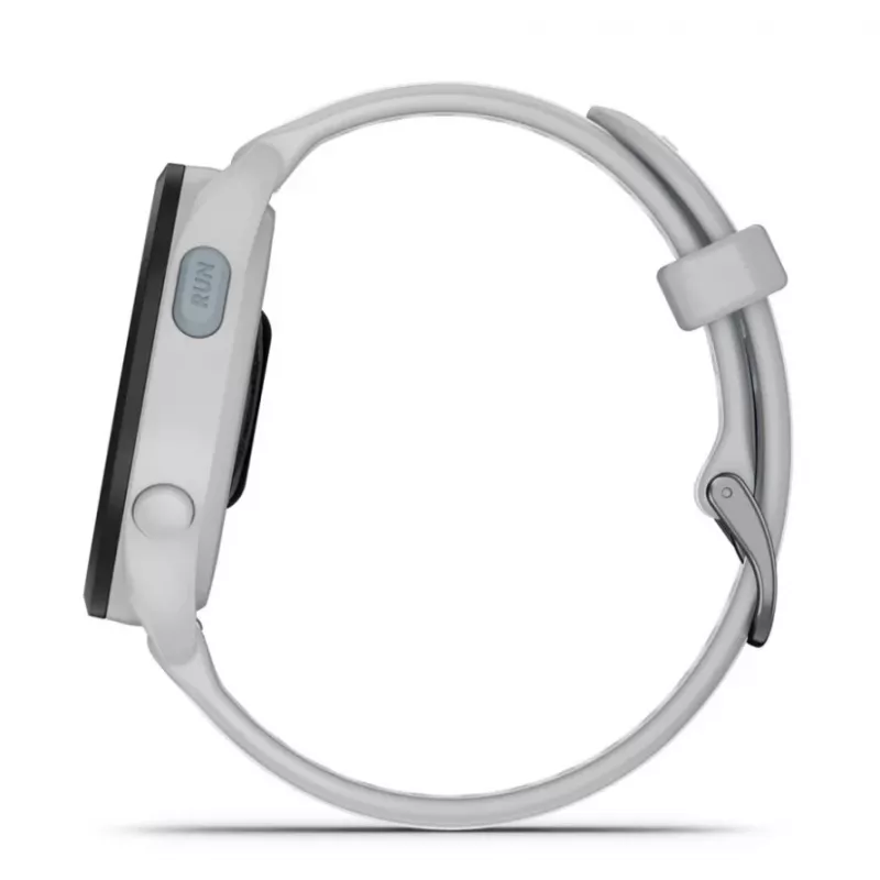 Išmanusis laikrodis GARMIN Forerunner 165 – GPS, AMOLED 1,2 colio, 4 GB, 5 ATM, 11 dienų baterija, pilkas korpusas, baltas dirželis