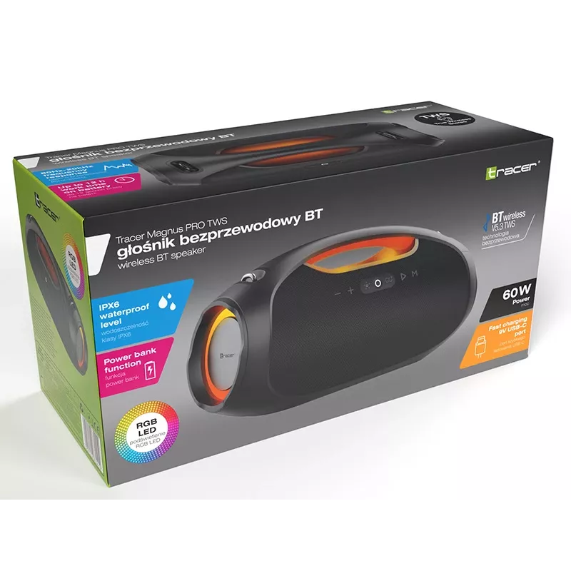 Nešiojamas stereofoninis garsiakalbis TRACER TRAGLO47226 – belaidis Bluetooth 5.3, 60 W RMS, 12 h baterija, juodas
